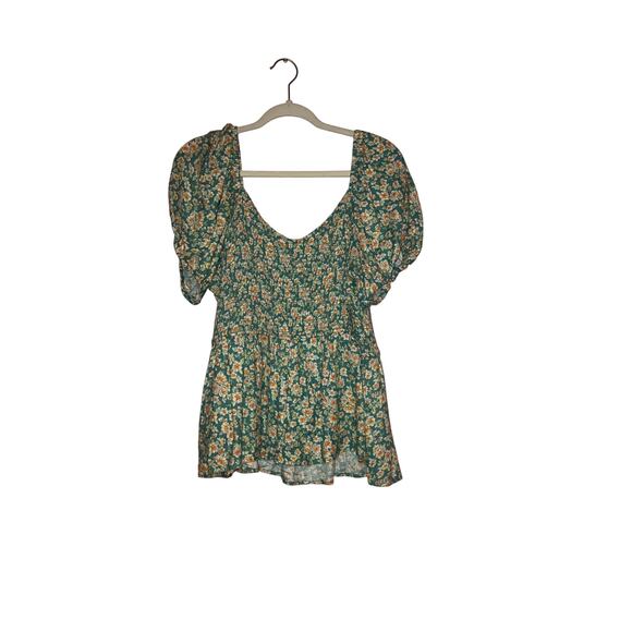 Maurices Floral Smocked Peplum Puff Sleeve Green Ditsy Blouse Size XXL - Picture 1 of 5
